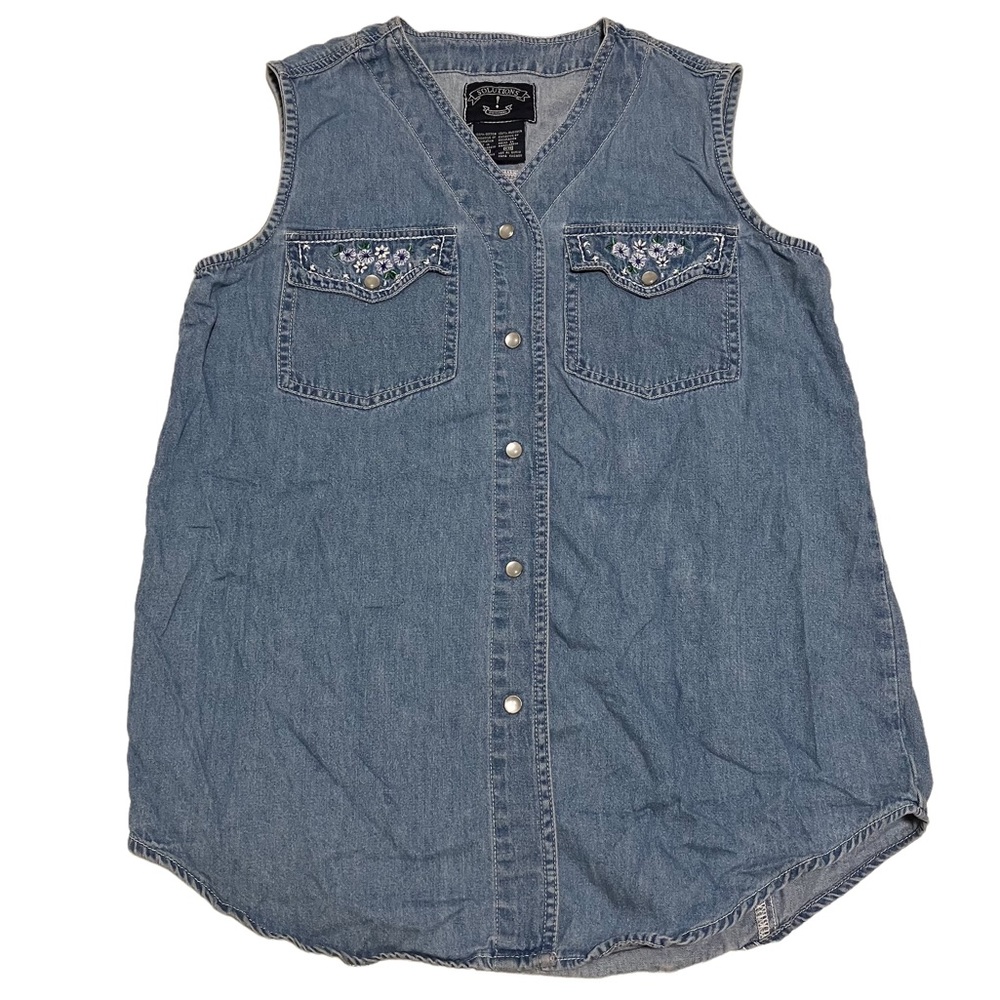 Vintage 90s Embroidered Floral Denim Snap Down Sleeveless Top